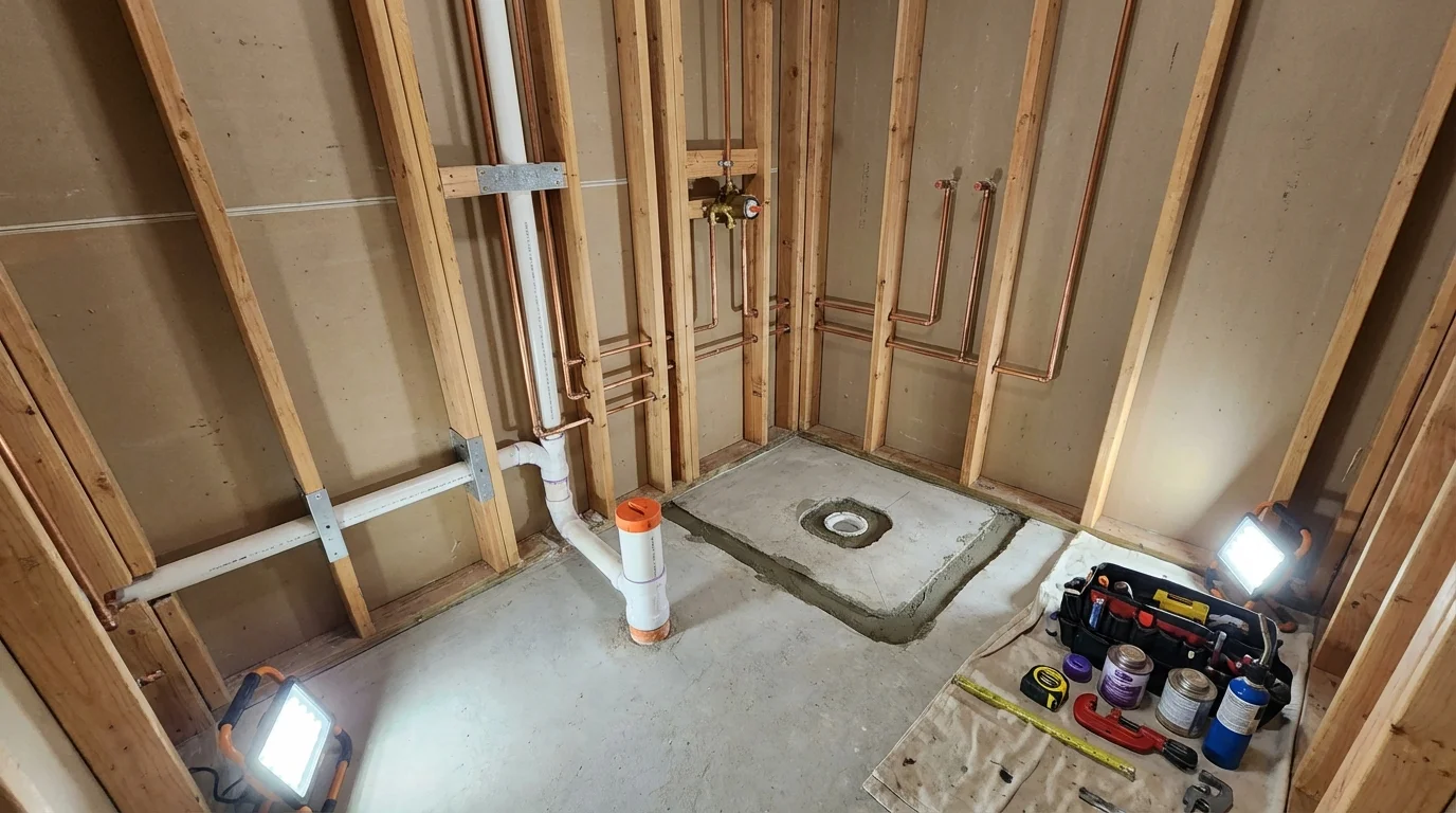 Bathroom rough-in plumbing during remodel by Johns Plumbing LLC in Brightwood