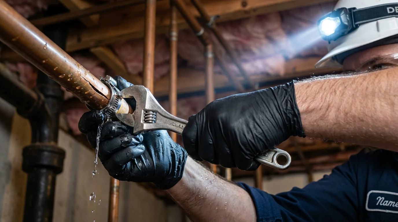 Emergency pipe clamp repair being performed by a Johns Plumbing LLC plumber in Brightwood