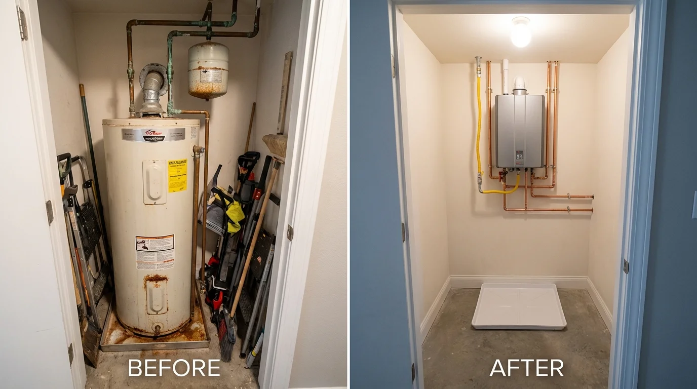 Tank water heater versus wall-mounted tankless unit comparison for Brightwood, VA homeowners