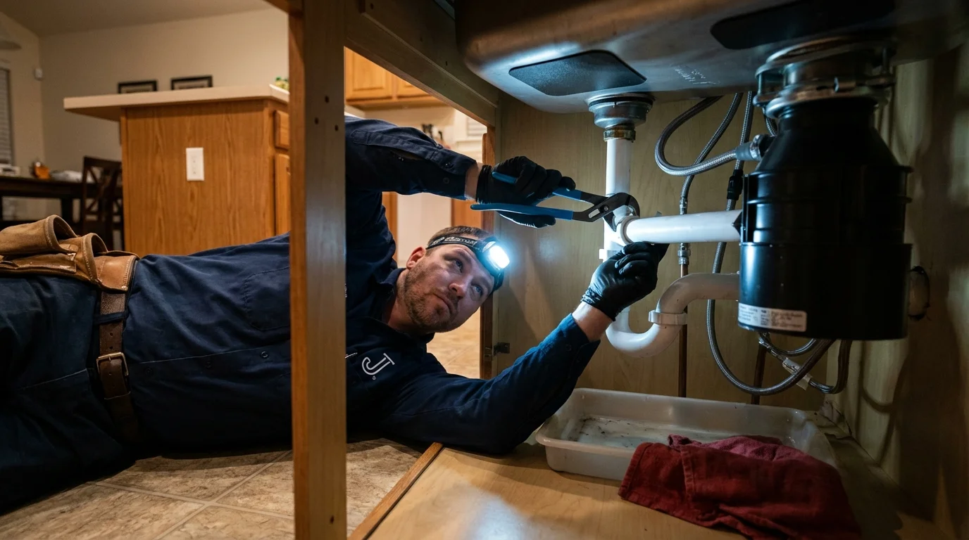 P-trap and supply line connections under a kitchen sink showing a common leak point in Brightwood, VA